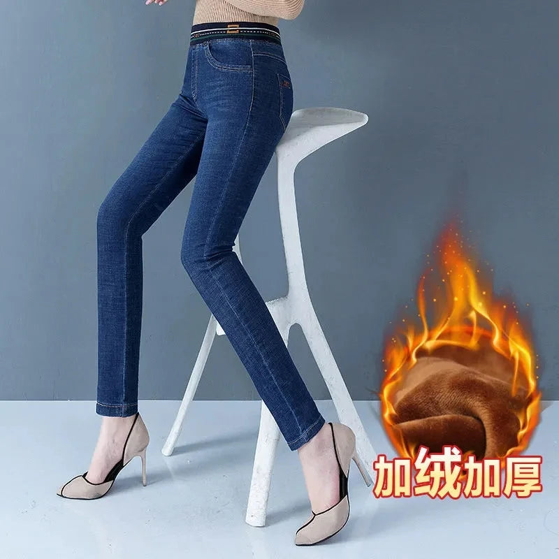 Winter Plush Velvet Lined Pencil Jeans Women Thicken Skinny High Waist Denim Pants Warm Big Size 36 Stretch Kot Pantolon Stretch