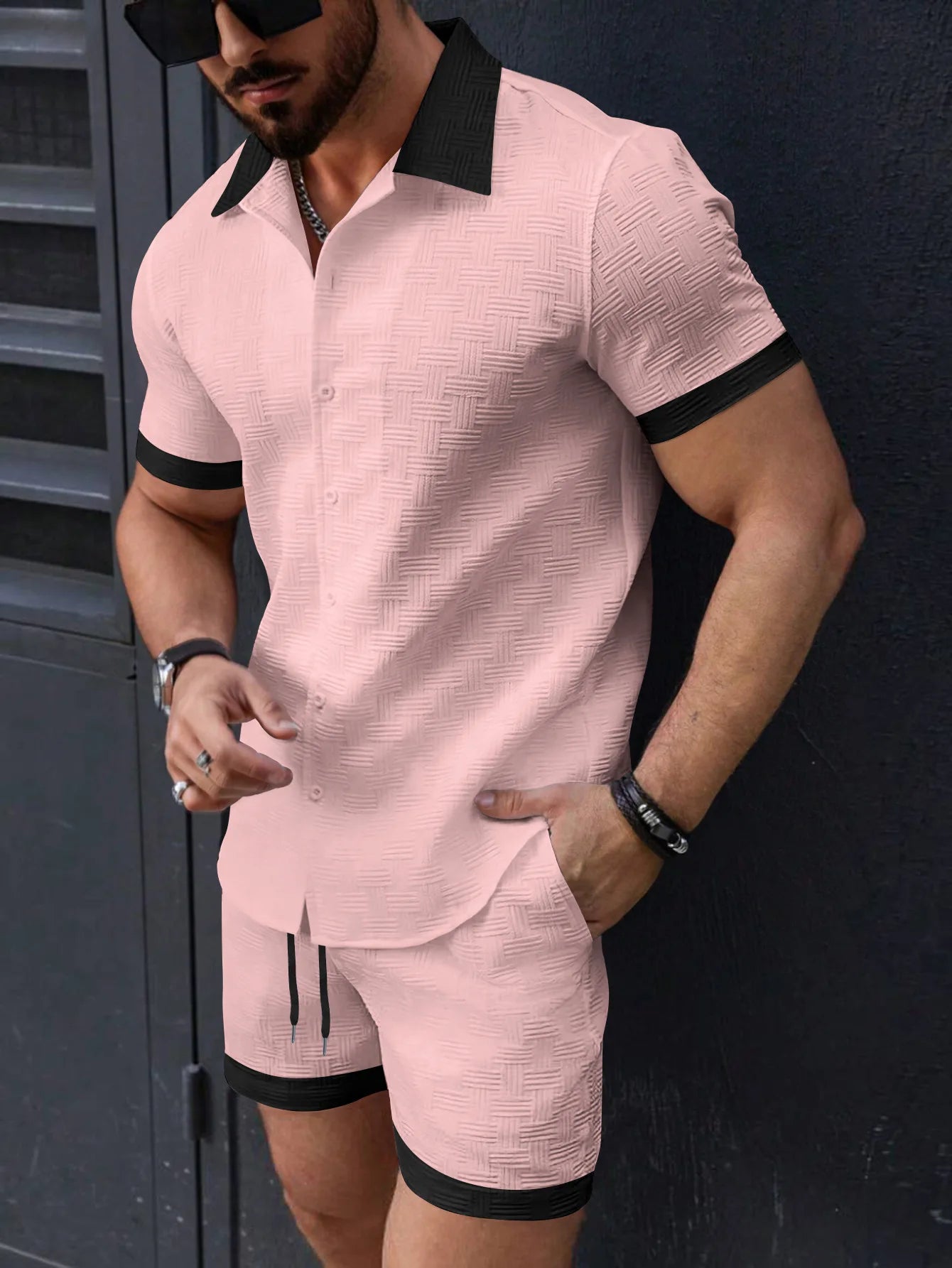 2025 Spring and summer new European and American fashion casual men's shirt color short-sleeved shorts beach suit