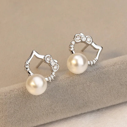 Boutique Real 925 Sterling Silver Cat Kitty Bowknot Pearl Jewelry Sets Necklace Stud Earrings Hot Sale Accessories JY106