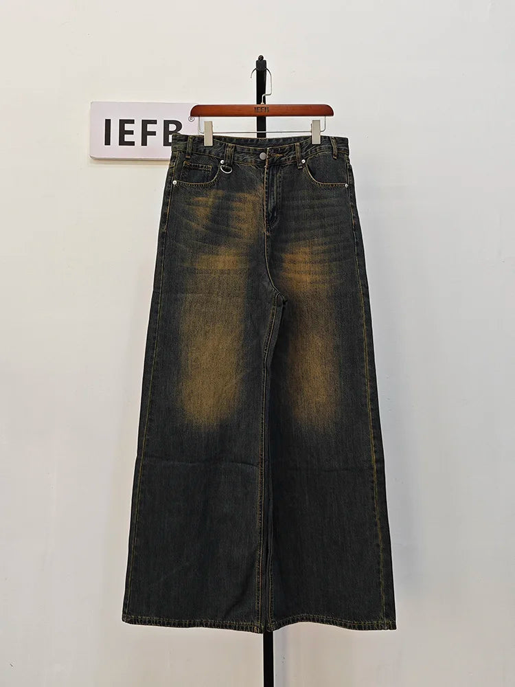 IEFB Summer Men's Denim Pants Old Blue Washed Male Jeans Straight Casual Menwear Loose Wide Leg Trousers New Fashion 9C354