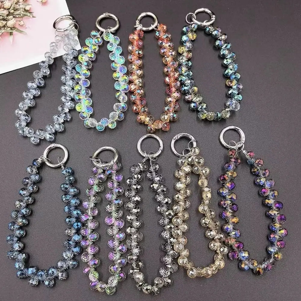 Glitter Beads Hand Wrist Strap Crystal Lanyard for iPhone Huawei Redmi Xiaomi Samsung Phone Charm Ornament Keychain Hang Rope