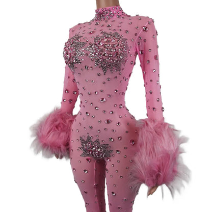 Shiny Pink Mesh Transparent Jumpsuit Sexy Hairy Designe Birthday Outfit Singer Dancer Performance Costume Stage Wear Guibin