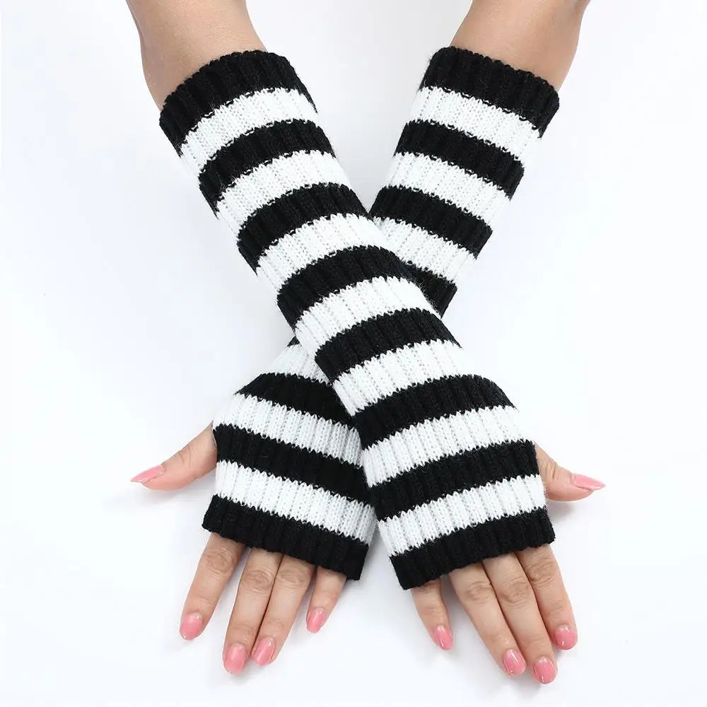 Women's Knitted Fingerless Arm Sleeves Gothic Style Striped Winter Long Arm Warmers Girls Harajuku Y2K Fashion Wrist Gloves