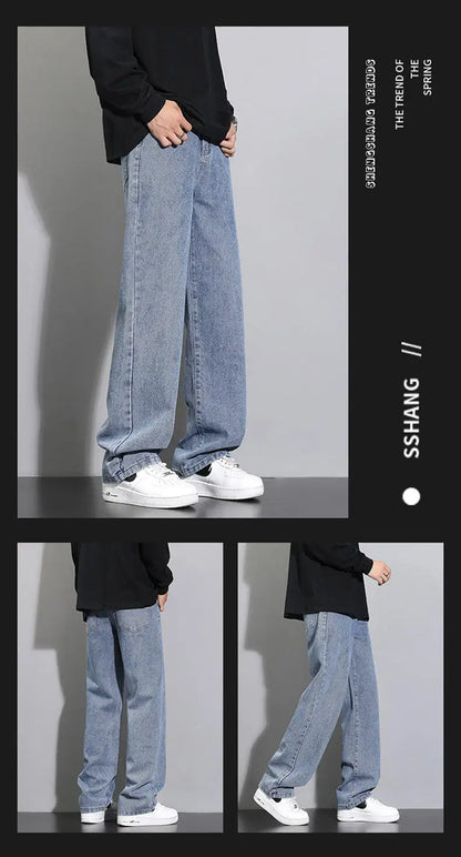 2025 New Korean Men's Casual Long Jeans Classic Man Straight Denim Wide-leg Pants Solid Color Light Blue Grey Black 3XL