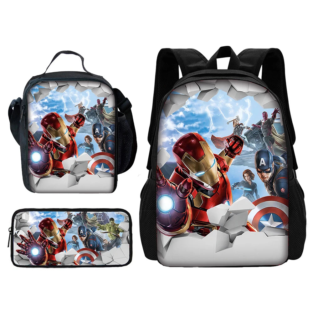 Cartoon Man M-Marvels Iron 3 pcs set Child School Backpack with Lunch Bags ,Pencil Bags School Bags for Boys Girls Best Gift