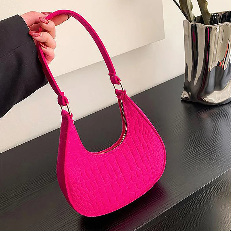 Candy Color Advanced Design Texture Armpit Handbags Felt Shoulder Bags For Women Women's Subaxillary Bag Purses Crescent Bag