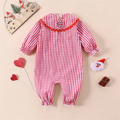 FOCUSNORM 0-18M Autumn Baby Girls Christmas Cute Romper Santa Embroidery Collar Plaid Print Long Sleeve Full Length Jumpsuit