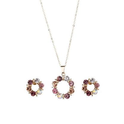 3pcs Gold Necklace Earrings Set Ladies Celebrity Simple Fashion Style Exquisite Stained Glass Diamond Circle Shape Jewelry