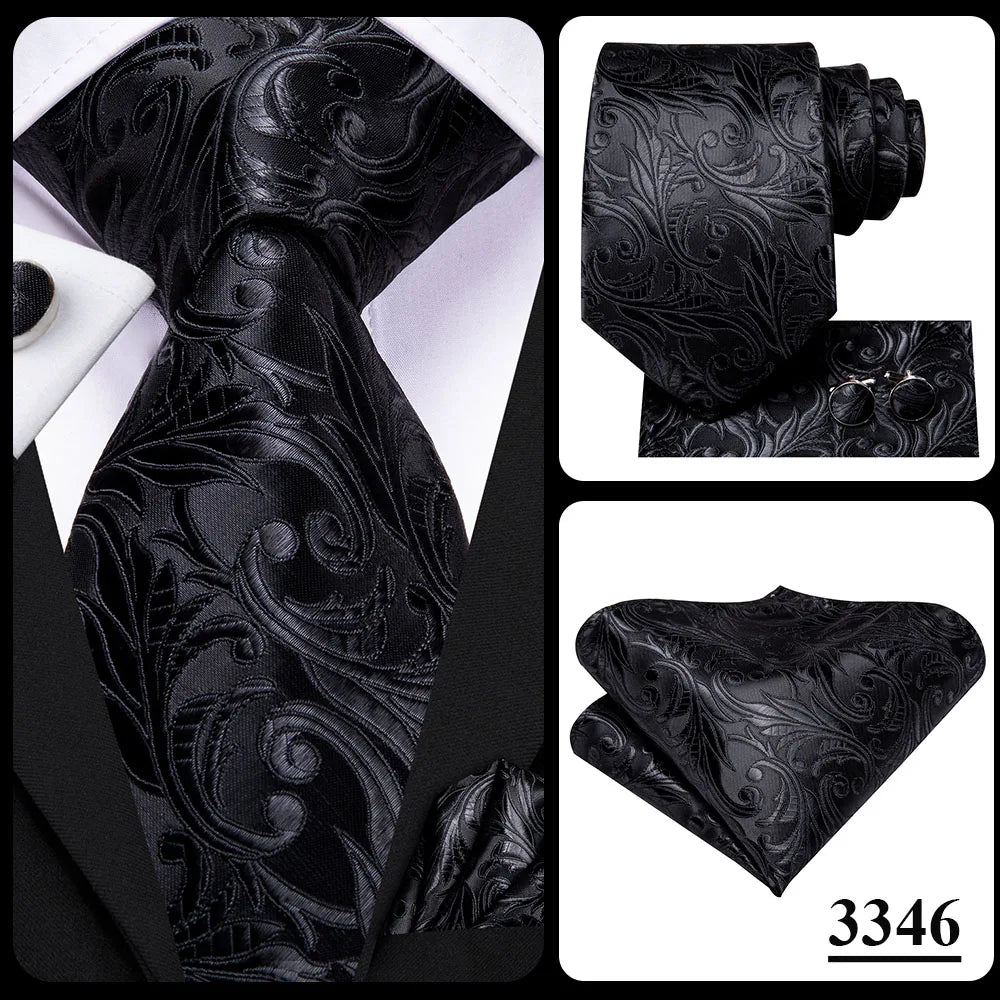 Hi-Tie Black Floral Silk Wedding Tie For Men Handky Cufflink Elegant Necktie For Men Fashion Designer Business Party Dropshiping