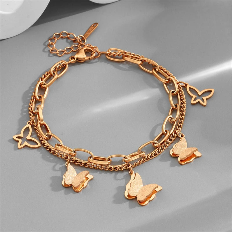 Kuziduocai Statement 316L Stainless Steel New Fashion Jewelry Elegant Style Many Butterflys Charm Thick Chain Bracelet For Women