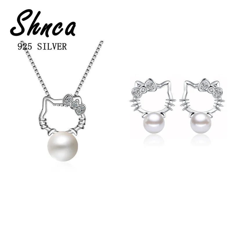 Boutique Real 925 Sterling Silver Cat Kitty Bowknot Pearl Jewelry Sets Necklace Stud Earrings Hot Sale Accessories JY106