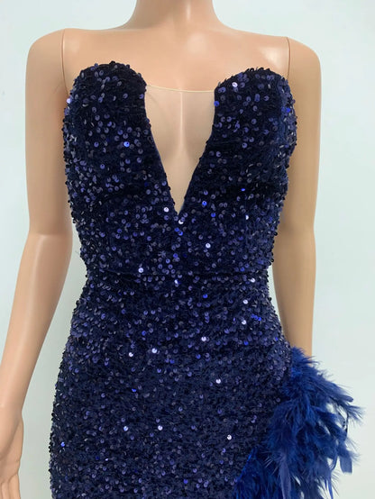 Women Evening Dresses Asymmetrical Shiny Sequins Feather Cocktail Party Dress Sexy Strapless Long Formal Prom Dresses Xiny189