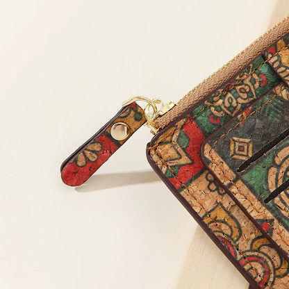 Retro Printed Card Holder Wallet For Woman Multi-Slot Card Case Cork Ultra Thin Zipper Coin Purse Small Change Pocket Pouch