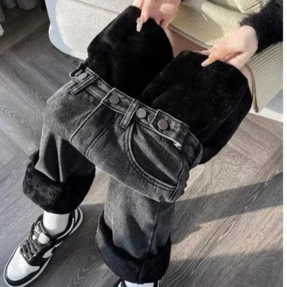 Plush Jeans Velvet Thickened High Waist Wide Leg Jeans for Women's 2023 Winter New Ins Style Loose Slim Drop Long Pants