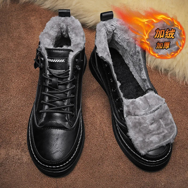 Leather Men's Boots 2023 Winter Platform Warm Fur Ankle Short Lace Up Fashion Novelty Concise Casual Work Shoes Botas 2023