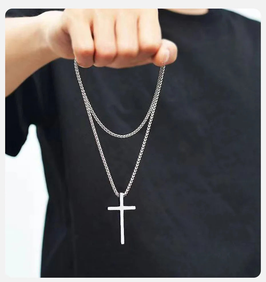 Vnox Cross Necklace for Men Women, Silver Color Plain Cross Pendant Collar with Stainless Steel Box Chain