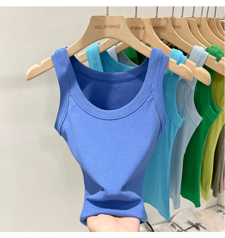 zjaiss Women Solid Round Neck Ribbed Tank Top Camisole Women 2025 Summer Basic Elastic Tank Top O Neck Solid Tank Top