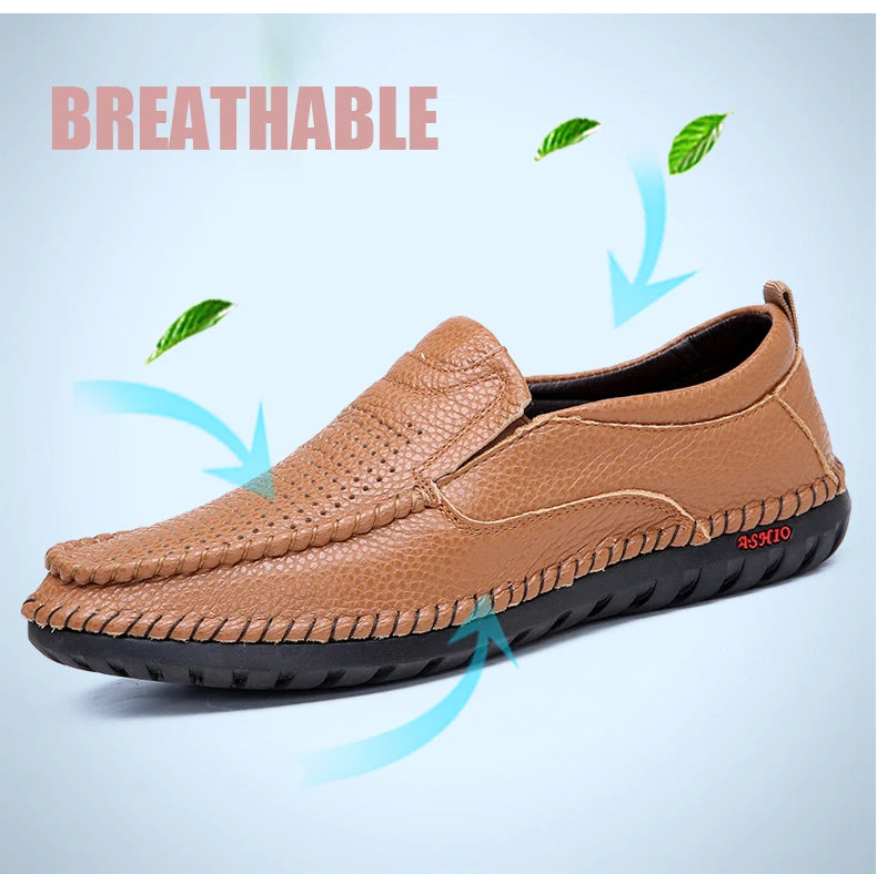 Breathable Genuine Leather Men Shoes Summer Slip On Loafers Men Casual Leather Shoes Blue Flats Hot Sale Driving Shoes Moccasins