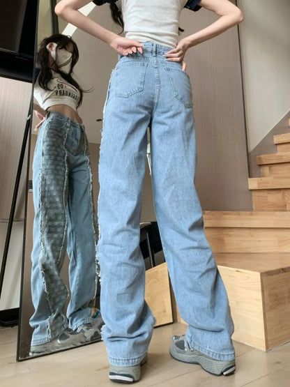 Fashion Plaid Splicing Straight Leg Jeans for Women Versatile New Korean Version High Waisted Loose Pants for Trendy Women