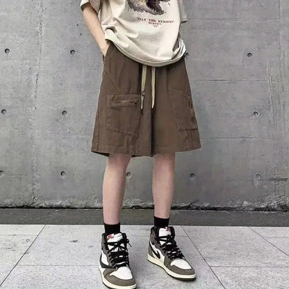 Korean style multi pocket cargo shorts men summer y2k trendy loose and versatile mid pants retro personality casual sports pants