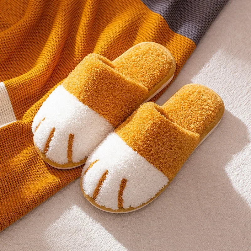 Winter Warm Plush Slippers Cute Cat Paw Designer House Women Fur Slippers Floor Mute Bedroom Lovers Indoor Fluffy Shoes2024