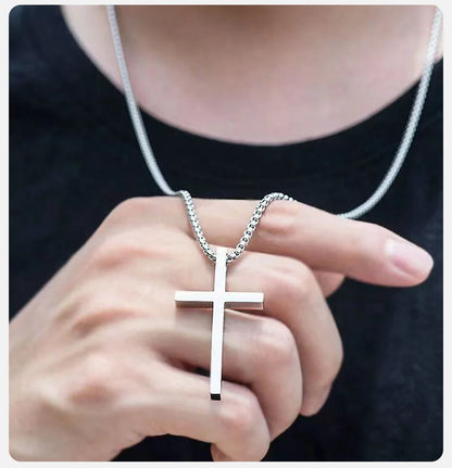 Vnox Cross Necklace for Men Women, Silver Color Plain Cross Pendant Collar with Stainless Steel Box Chain