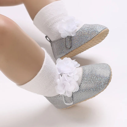 Silver Princess Shoes 0-18M Newborn Casual Shoes Baby Bow Non slip Cloth Bottom Flat Bottom PU Newborn Bow Decoration Mary Janes