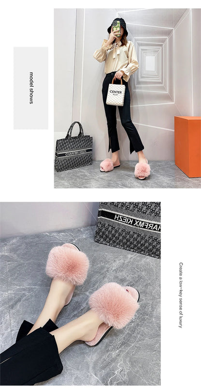 New Woman Slippers Winter Simple Word Fur Flats Soft Home Women Slippers Faux Fur Warm Bedroom Leisure Female Shoes