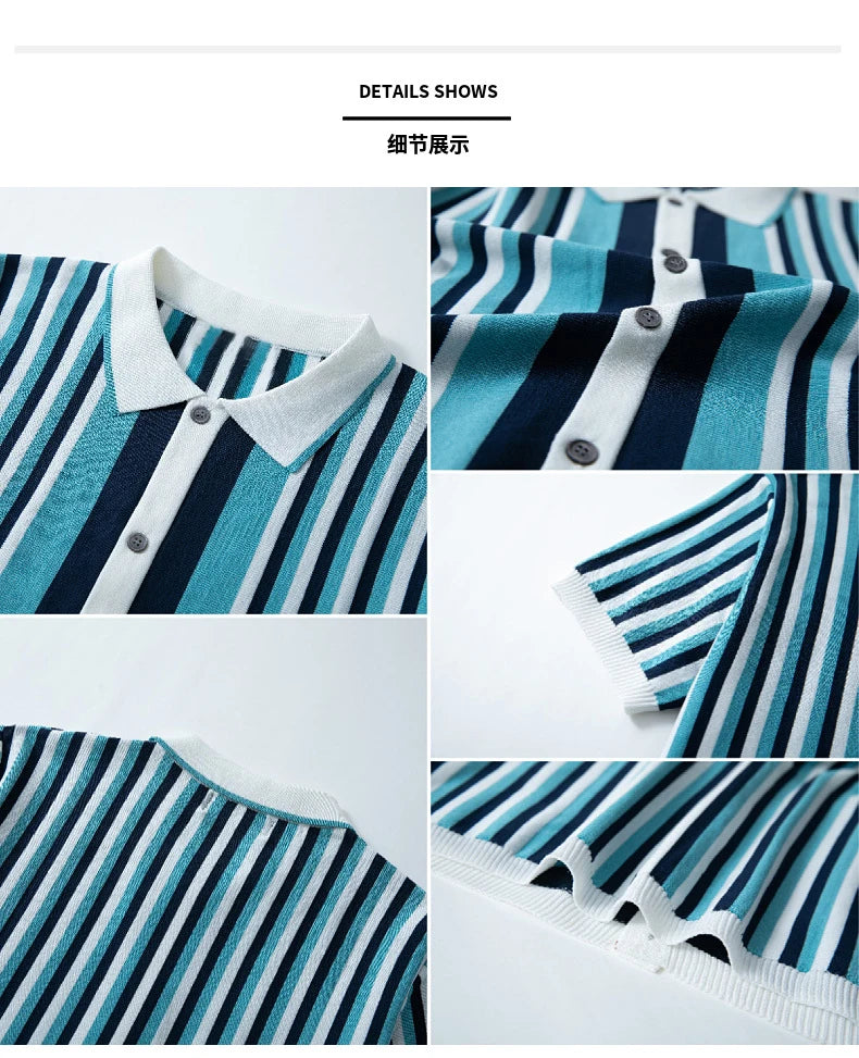 Men's Fashion Luxury Leisure Knit Polo Shirt Striped Button-down Short Sleeve Cardigan Casual Business Knitwear 2025 New Summer