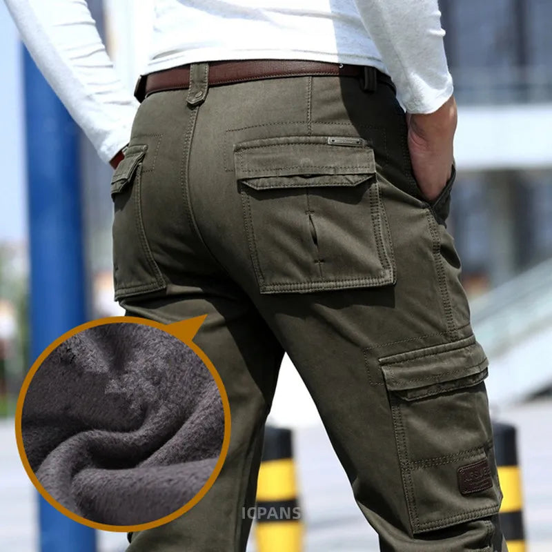 6 Pockets Fleece Warm Cargo Pants Men Clothing Thermal Work Casual Winter Pants For Men Green Black Khaki Trousers Male