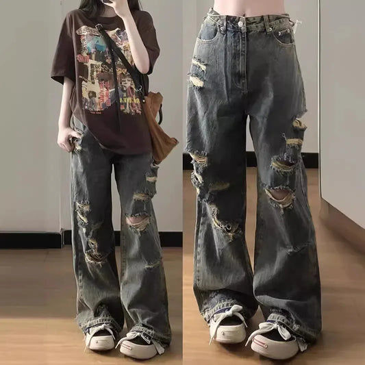 Trendy Loose-fit Wide-leg Jeans High-waisted Ripped Style European American Fashion For Women Summer 2023