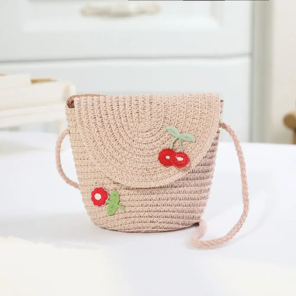 Cute Children's Woven Straw Bag Handmade Bucket Flower Shoulder Bag Woven Crossbody Bag Girls Key Coin Purse Bag