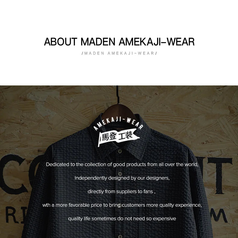 Maden Retro Seersucker Plaid Long-sleeved Shirt Textured Lapel Splicing Single-Breasted Design Shirt for Men's Autumn