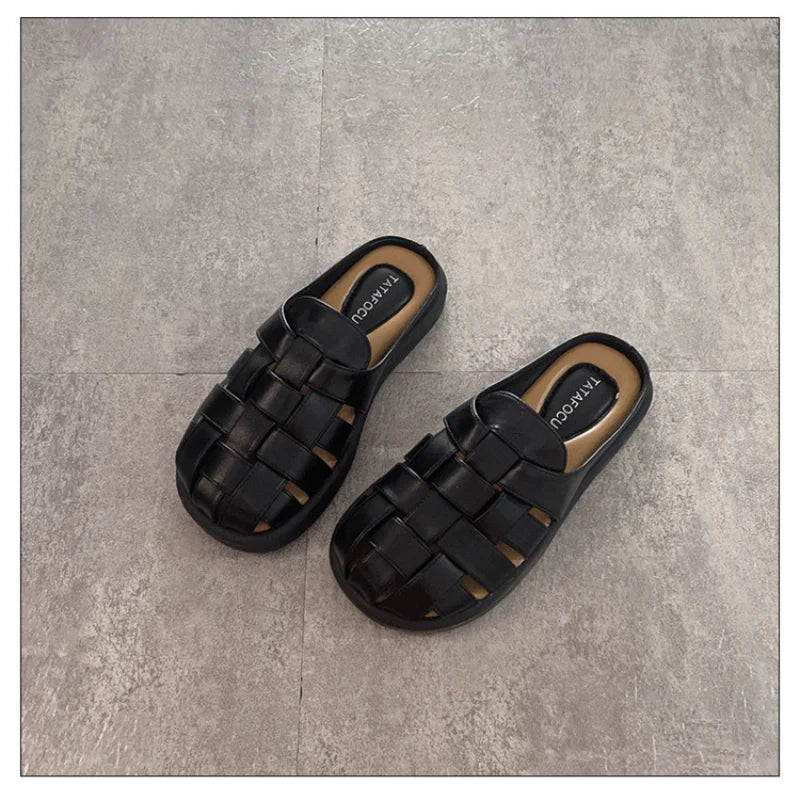 Luxucy Weave Hollowed Out Breathable Non Slip Sandals Summer New Slides Flats Travel Holiday Beach Shoes Walking Casual Mules