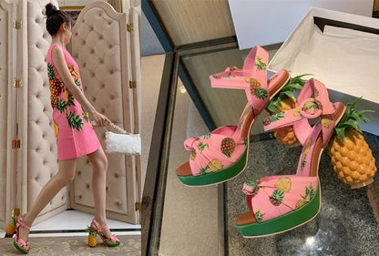 Summer Pink Pineapple Print Open-toe Platform Sandals Sweet Women High-heel Buckle Strappy Women Shoes Lovely Sandalias Mujer