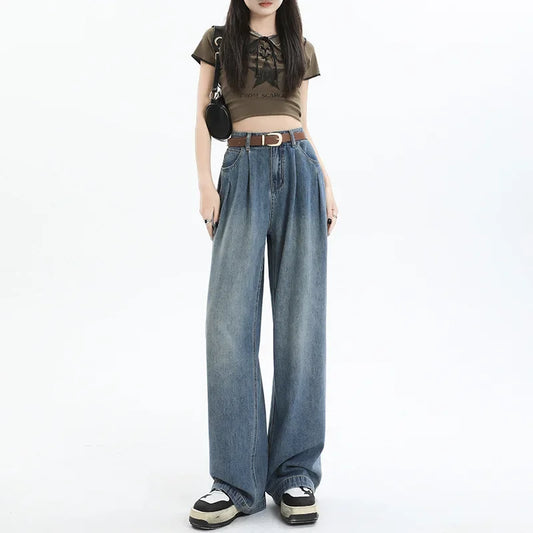 High-waisted To Cover The Crotch and Belly, Slim and Drapey, Loose and Versatile Trousers Retro Wide-leg Jeans for Women