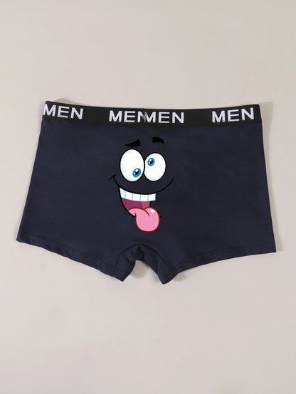 Men Funny Boxer Briefs Breathable Trunks Underwear Cartoon Wacky Face Boxer Short for Male Blue Quirky Panties