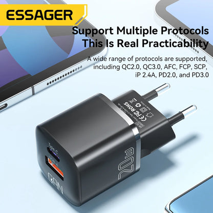 Essager 20W GaN PD USB C Charger for iPhone 15 13 12 11 Pro Max Phone QC 3.0 PD 3.0 USB Type C Fast Charging for Xiaomi pocoiPad