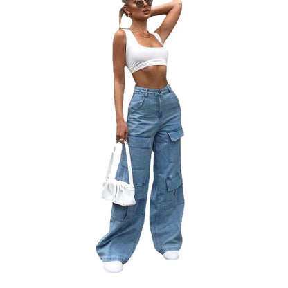 Women Jeans Wide Leg Pants Cargo Denim Ankle Length Mid Waist Washing Zipper Loose Slight Strech High Street Solid Pockets