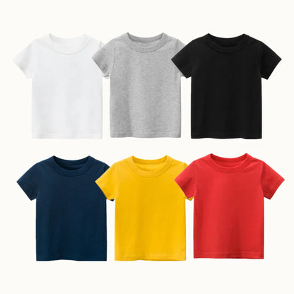 2024 Summer Girls Boys Solid T-Shirts Clothes 100% Pure Cotton Short Sleeve Yellow Red Green Kids UnderShirt Bottomming Clothing