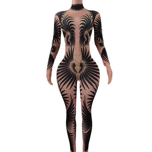 Sparkly Stone Feather Print Jumpsuit Women Sexy Birthday Party Bodysuit Prom Dresses Pole Dancer Performance Costume Feibiao