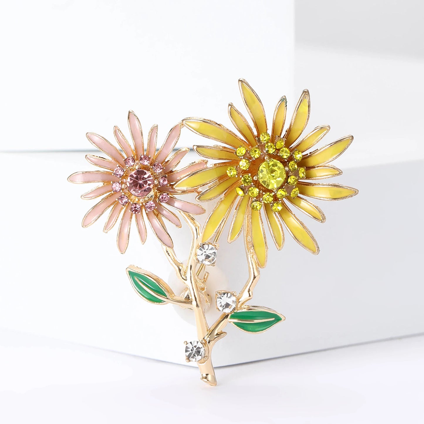 Shiny Double Head Sunflower Brooches for Women Unisex Ukrainian Plant Pins 2-color Available Casual Party Accessories Gifts