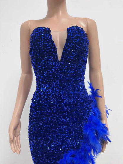 Women Evening Dresses Asymmetrical Shiny Sequins Feather Cocktail Party Dress Sexy Strapless Long Formal Prom Dresses Xiny189