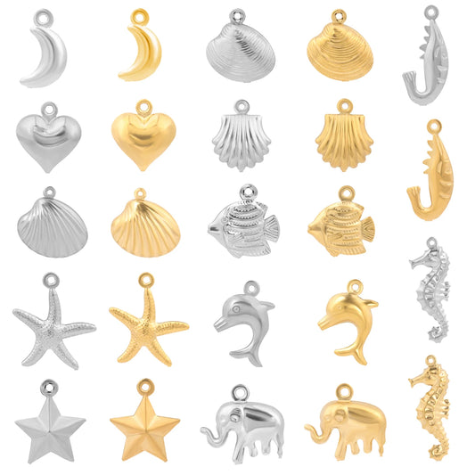 5pcs/Lot Stainless Steel Gold Color Marine Animals Dolphin Shell Starfish Elephant Moon Star Charm Pendant For Jewelry Making