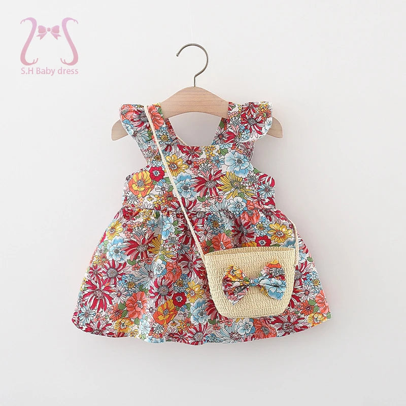 2Pcs/Set Summer Baby Girl Dress Soft Thin Clothes Fashion Floral Sleeveless Children Clothing 0-3 Y Toddler Beach Dresses + Bag