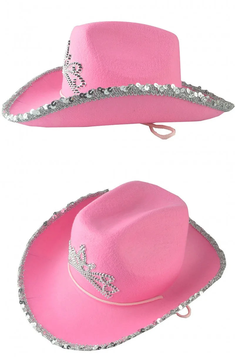 Pink Cowboy Hats for Women Girls Wide Brim Western Hats Y2K Glitter Crown Sequin Feather Caps Cowgirl Party Costume Accessories