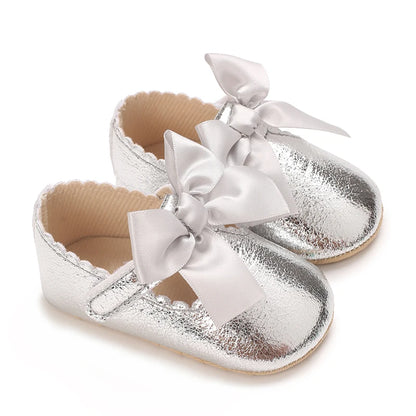 Silver Princess Shoes 0-18M Newborn Casual Shoes Baby Bow Non slip Cloth Bottom Flat Bottom PU Newborn Bow Decoration Mary Janes