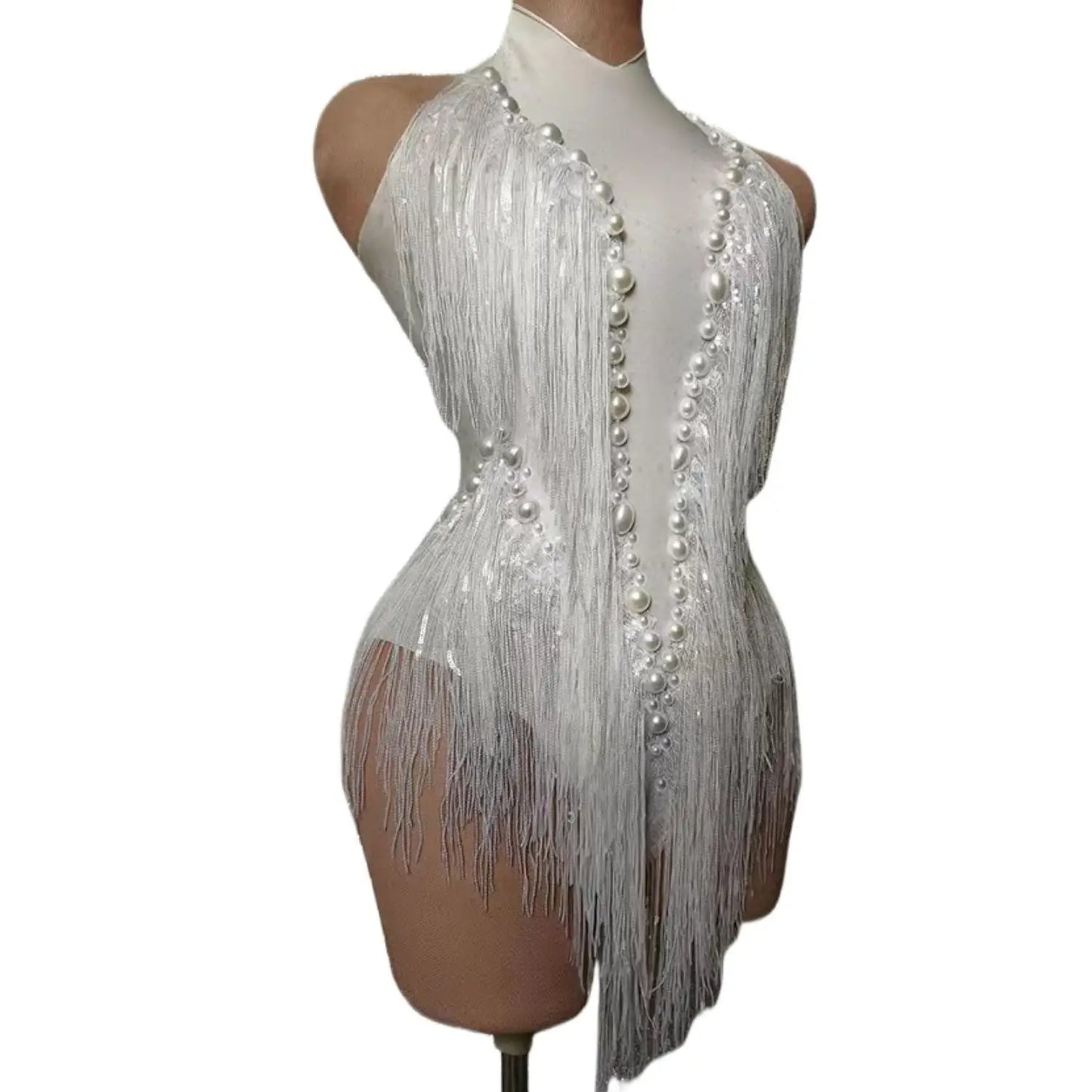 Sparkly White Pearls Fringes Leotard Sexy Tassel Bodysuit Jazz Dance Costume One-piece Stage Wear Dancer Performance Show Shuye