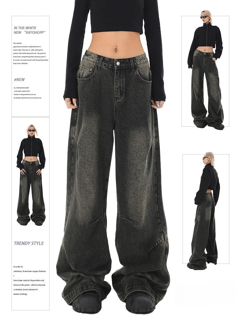 Deeptown Y2k Vintage Black Jeans Women Streetwear Baggy Denim Pants Wide Leg Harajuku Korean Trousers Goth Spring 2024 American