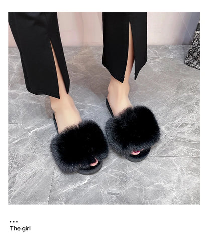 New Woman Slippers Winter Simple Word Fur Flats Soft Home Women Slippers Faux Fur Warm Bedroom Leisure Female Shoes